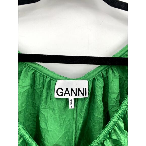 GANNI EU 38 green ruched puff shoulder holiday Midi Dress - Picture 5 of 10